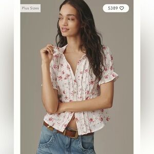 Pilcro White Button-Front Floral Pintuck Blouse with Pink Flowers